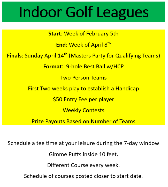 Indoor Golf Leagues - February 5 - April 8, Finals Sunday April 14th. Final will be 9 Hole Best Ball format w/ HCP. Two Person Teams. First Two weeks play to establish a Handicap.  Entry Fee per player. Weekly contests, prize payouts based on number of teams. Schedule a tee time at your leisure during the 7-day window. Gimme Putts inside 10 feet. Different Course every week. Schedule of courses posted closer to start date. 